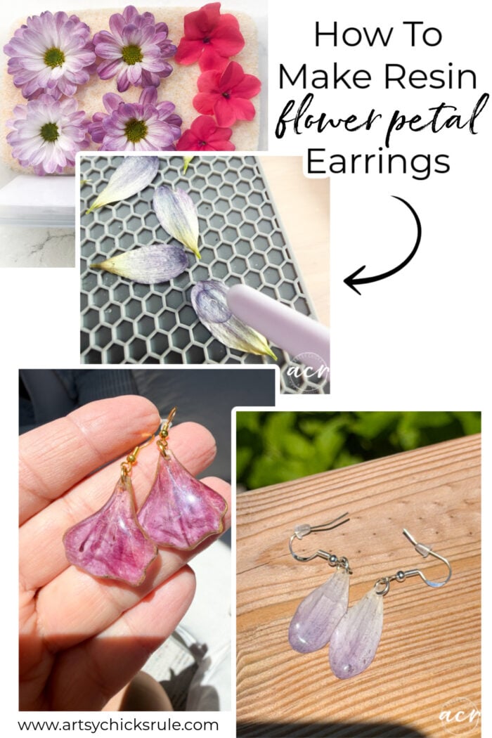 A collage showing purple and pink flower petals, resin-coated petal earrings in progress, and two pairs of finished earrings, with the text how to make flower petal resin earrings. Perfect for learning how to make flower petal resin earrings at home!.
