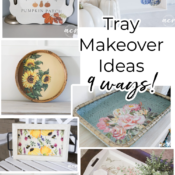 Tray Makeovers, 9 Ways! A collage displaying nine decorative trays, each with unique designs like florals, fall themes, blue pumpkins, lemons, and text such as “Thankful” and “Home.” Text reads: “Tray Makeover Ideas 9 ways!” — perfect for fresh Tray Decor or Home Styling.