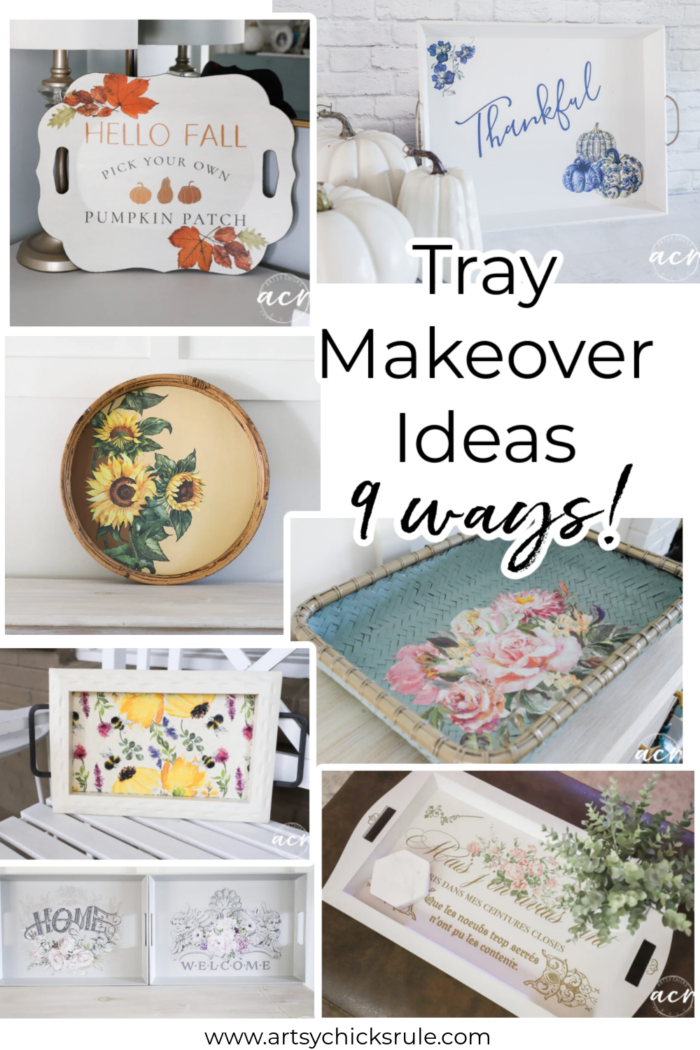 A collage displaying nine decorative trays, each with unique designs like florals, fall themes, blue pumpkins, lemons, and text such as &ldquo;Thankful&rdquo; and &ldquo;Home.&rdquo; Text reads: &ldquo;Tray Makeover Ideas 9 ways!&rdquo; &mdash; perfect for fresh Tray Decor or Home Styling.
