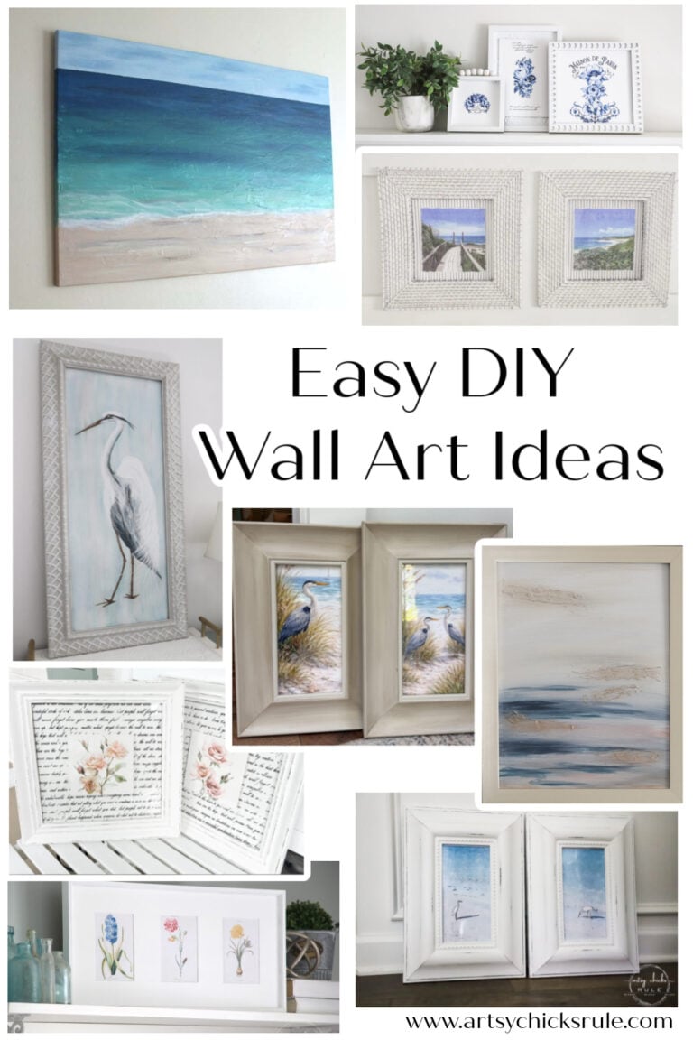 A collage of framed wall art, featuring beach scenes, birds, blue botanical prints, handwritten text, and floral illustrations offers inspiring diy wall art ideas for your space. Text reads: Easy DIY Wall Art Ideas. Website: www.artsychicksrule.com.
