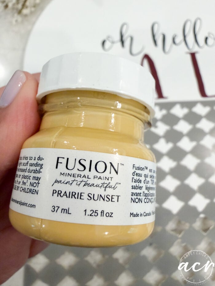 A hand holds a small jar of Fusion Mineral Paint in the color Prairie Sunset. The label lists the size as 37 mL (1.25 fl oz). The background is blurred with the partial text Oh Hello Fall visible, making this paint a charming choice for your next Fall Door Hanger project.