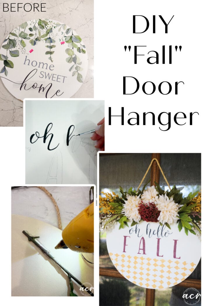 A circular Oh Hello Fall Door Hanger transforms from home sweet home to a charming fall design with florals, featuring “oh hello FALL” text and clear DIY crafting steps shown with glue and marker.