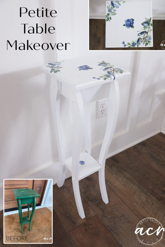 A small table painted white with blue floral designs on top showcases a charming furniture makeover. The before inset shows the petite table was green. Text reads Petite Table Makeover. The table stands against a wall on a wood floor.