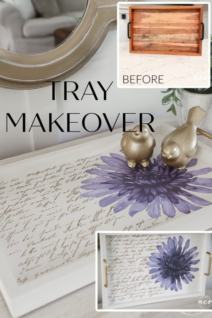 A wooden tray makeover with before and after images; this Gold Tray Makeover transforms the tray from plain wood to white, accented with a purple flower and script design, and styled with elegant gold bird figurines.