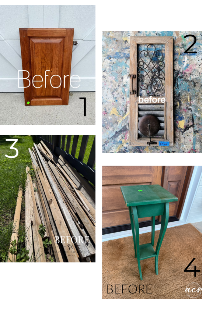 Four before images: 1. Wooden cabinet door; 2. Rustic wood frame with wire and handle; 3. Pile of old wood planks on grass; 4. Small green side table with a price sticker on top, perfect for a petite table makeover.