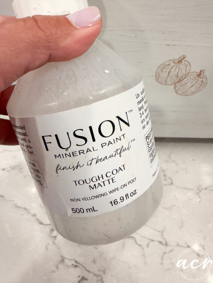 A hand holds a bottle of Fusion Mineral Paint Tough Coat Matte, 500 mL (16.9 fl oz), with a white label. The background shows a light-colored surface and part of a painted design with pumpkins, perfect for adding the finishing touch to your harvest crate or enhancing your fall decor.