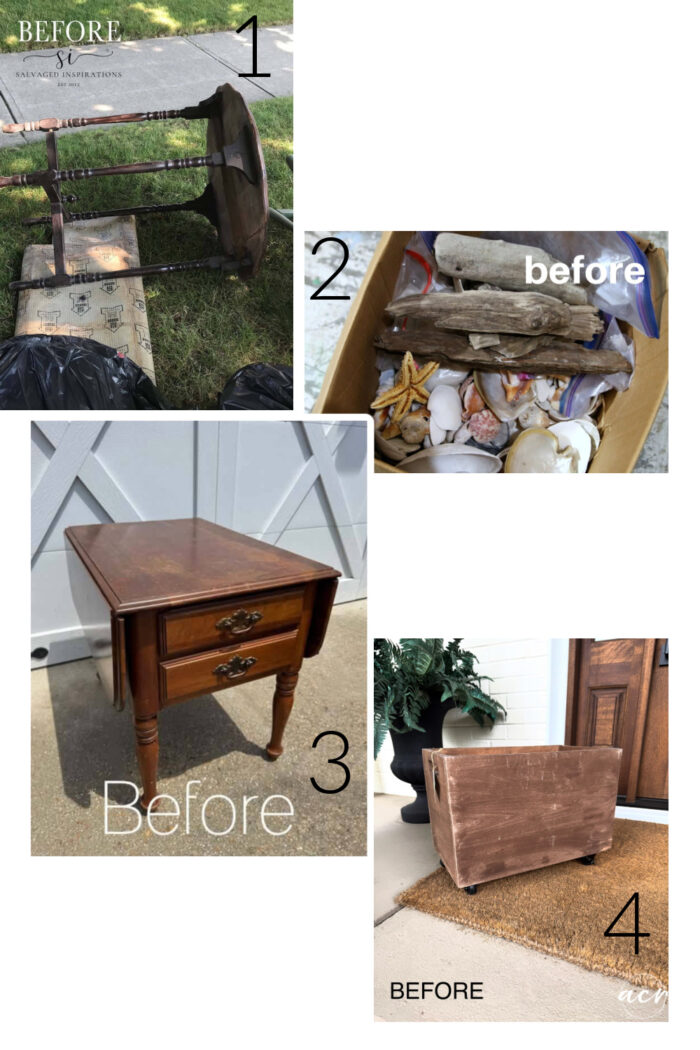 Four before photos: a broken wood table, a box of driftwood and shells, a side table with drawers, and a worn upholstered bench; each labeled before. Imagine these pieces transformed with cozy Fall Decor or repurposed into a charming Harvest Crate for the season.