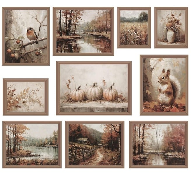 A collage of ten framed autumn-themed paintings, including pumpkins, birds, landscapes, leaves, a vase with dried flowers, a squirrel, and a cottage by a lake—all capturing the best of fall in warm, earthy tones.