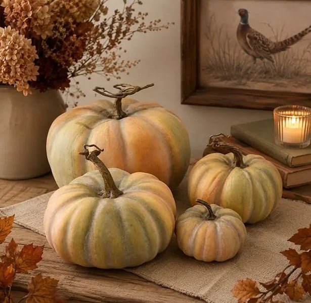 Four decorative pumpkins sit on a cloth runner with dried flowers, autumn leaves, a candle, and a framed bird print in the background, creating a cozy Fall atmosphere that’s perfect for showcasing your Fall Favorites.