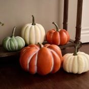 Fall Favorites (to make or buy!) Five decorative pumpkins in orange, white, and green—true Fall Favorites—are arranged on a wooden floor and a small step next to a banister, creating an autumn-themed display.