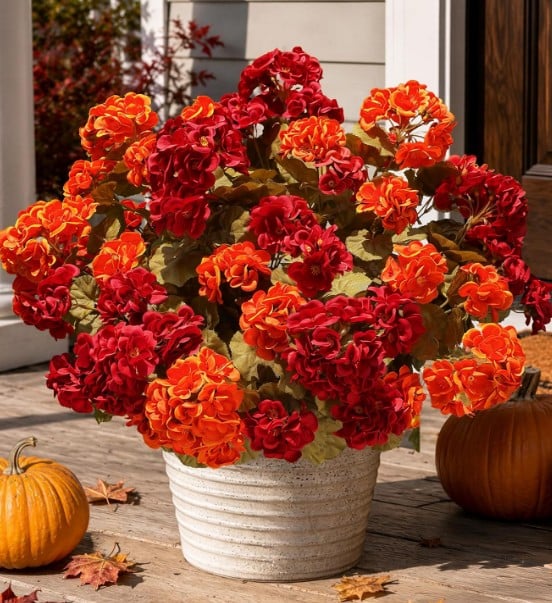A white pot holds vibrant red and orange geraniums on a wooden porch, flanked by two pumpkins—classic fall favorites—and scattered autumn leaves, with a house entrance in the background.