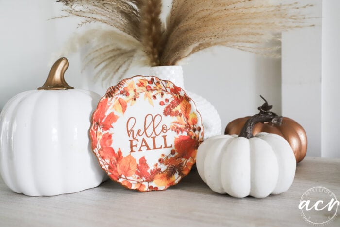 Three pumpkins, two white and one brown, crafted from Air Dry Clay, sit beside a small decorative plate with hello FALL text and autumn leaves. A white vase with dried grasses is in the background on a light wooden surface, illustrating a creative comparison of clay brands in stylish autumn decor.