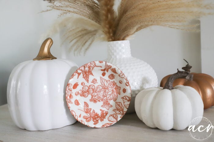 White ceramic pumpkins and a small orange-patterned plate are arranged with a white vase holding pampas grass on a light-colored surface, creating an autumn-themed decor scene that beautifully showcases the versatility of air dry clay. Perfect for those interested in exploring new clay brands, this display inspires creativity and invites a thoughtful Air Dry Clay Review for your next seasonal project.