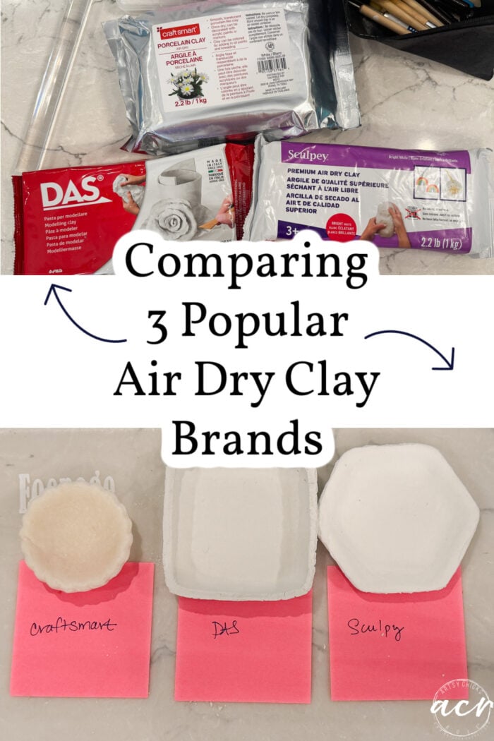 Three packages of air dry clay (Craftsmart, DAS, Sculpey) are shown above three dried clay dishes labeled with pink sticky notes. Text in the center reads, Air Dry Clay Review: Comparing 3 Popular Clay Brands.