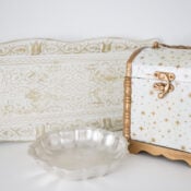 Ornate white and gold tray, small silver fluted dish, and a decorative white and gold box with a latch, all with elegant, vintage detailing, displayed on a white surface—perfect for curating your own Flipping Smalls collection or adding to Flipping Smalls #4.