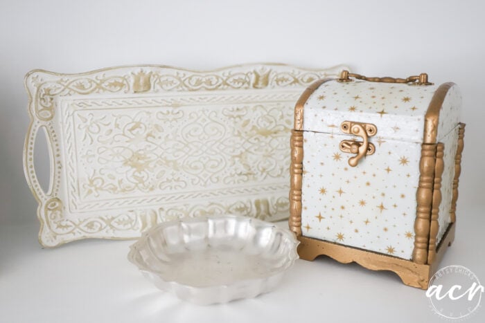 Ornate white and gold tray, small silver fluted dish, and a decorative white and gold box with a latch, all with elegant, vintage detailing, displayed on a white surface—perfect for curating your own Flipping Smalls collection or adding to Flipping Smalls #4.