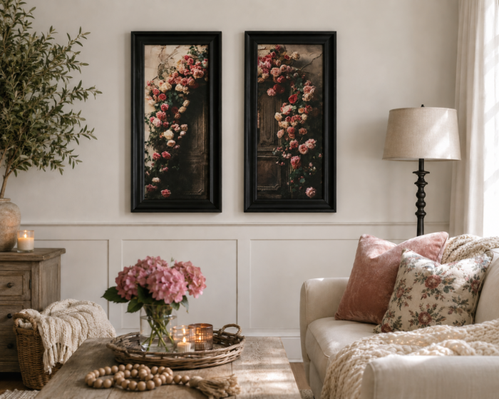 Cozy living room with beige sofa, floral pillows, a basket, candles, and a wooden table with pink flowers. Two framed prints of florals hang on a cream wall above a side table and floor lamp.