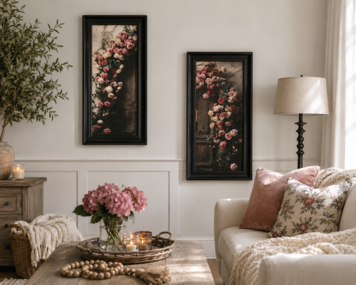 A cozy living room with floral decor, pink flowers in a vase, candles, two framed prints of florals on the wall, a sofa with floral pillows, a lamp, and a tree in the corner. Natural light fills the space.