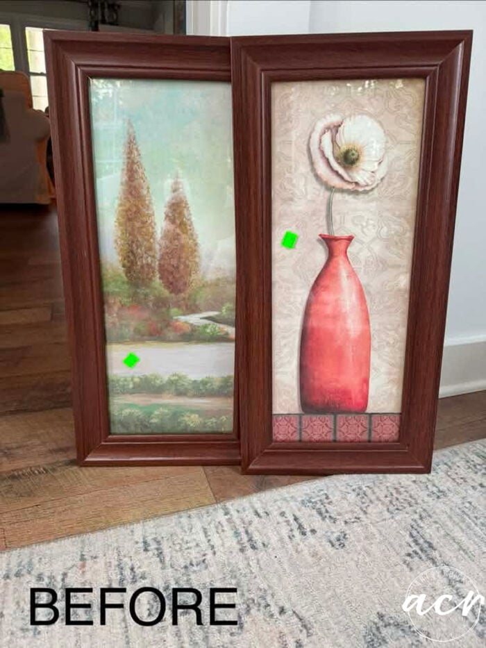 Two updated framed prints lean against a wall: one shows tall trees in a garden, the other a red vase with a white flower. Both prints have green price stickers. The word BEFORE is on the bottom left.