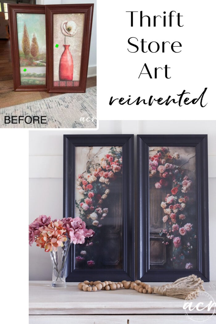 Two before paintings in brown frames are shown above two after framed prints in black frames with dark, floral designs crafted using tissue paper. A pink bouquet and wooden beads decorate the table below the new art. Text reads: Thrift Store Art Reinvented.
