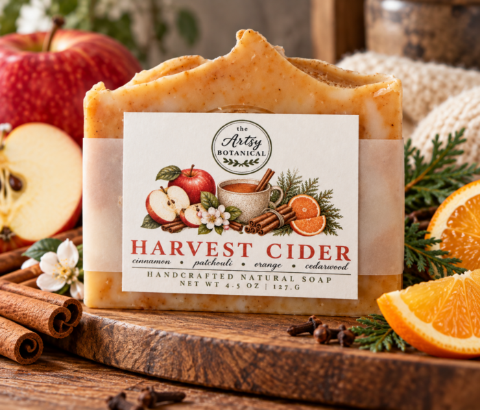 A bar of Harvest Cider soap with a decorative label featuring apples, oranges, cinnamon sticks, and flowers, surrounded by sliced fruit, spices, and wood on a rustic table—perfect for those who appreciate all natural soaps that capture the essence of fall.