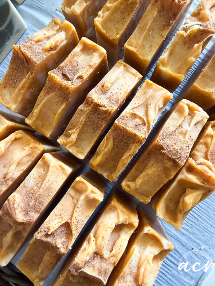 Rectangular bars of handcrafted soap with a swirled top and a dusting of brown powder, arranged closely together on a light-colored surface. These Natural Fall Soaps showcase beautiful autumn-inspired colors and are perfect for bringing the cozy essence of the season to your bath routine.