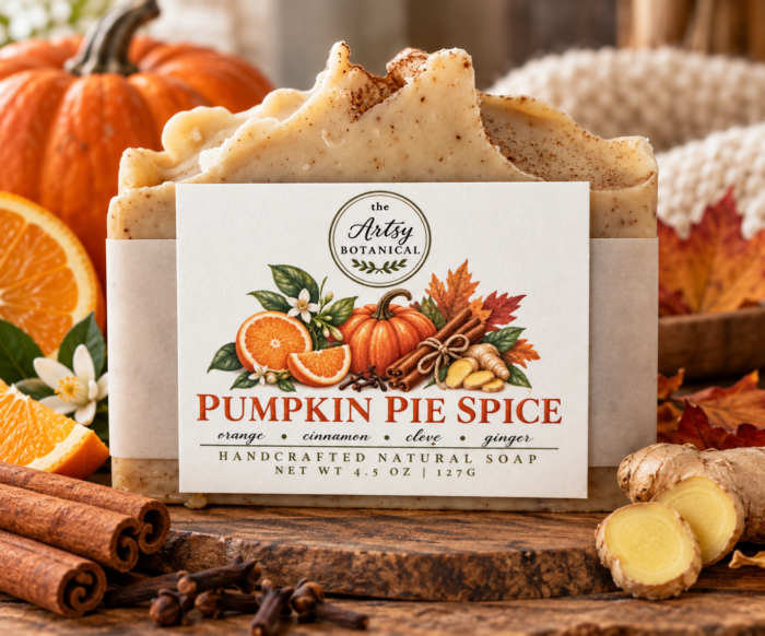 A handcrafted soap labeled Pumpkin Pie Spice with images of pumpkins, orange slices, and spices, surrounded by pumpkins, ginger, and cinnamon sticks on a rustic wooden table—perfect for those who adore All Natural Soaps and seek cozy Natural Fall Soaps for the season.