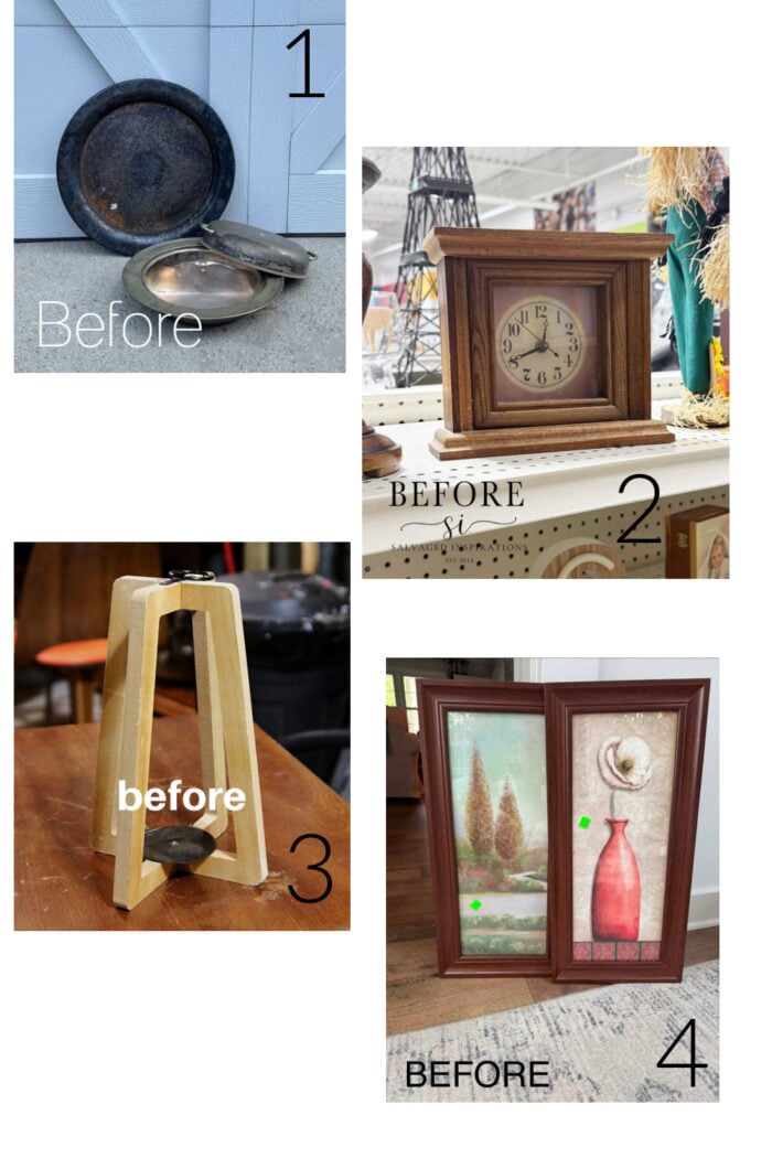 Four before photos: tarnished metal dishes, a wooden clock with faded face, a small wooden lamp missing a shade, and a brown-framed wall art set featuring two landscape prints—with green price stickers—ready to be transformed as framed prints updated with tissue paper.