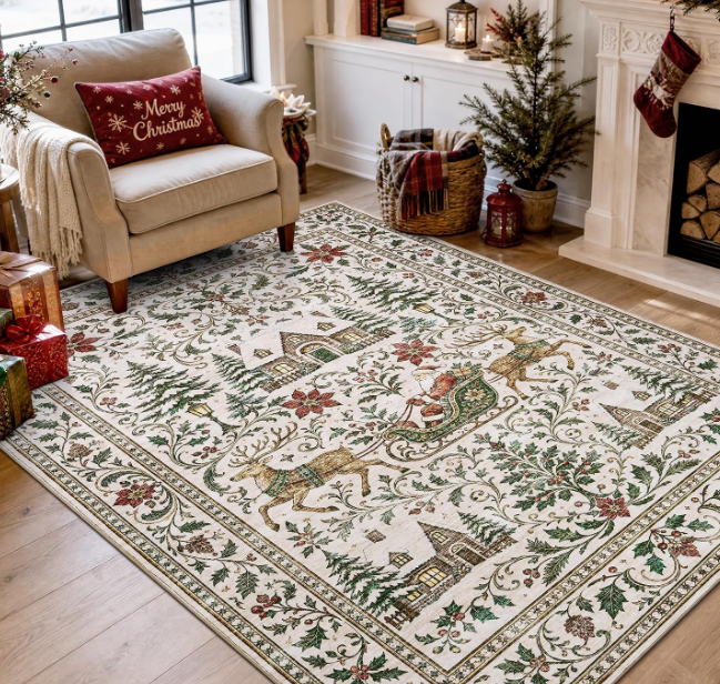 A rectangular area rug with a festive Christmas favorites pattern featuring Santa in a sleigh pulled by reindeer, surrounded by trees, cabins, and holly, laid out in a living room as part of our holiday guide.