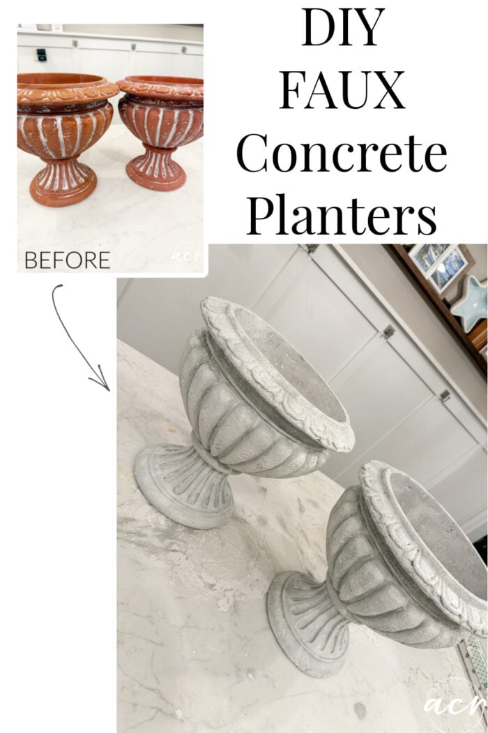 Before and after photos of two terracotta urn-style planters transformed with a DIY faux concrete finish.