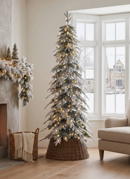 A flocked, pre-lit Christmas tree from our holiday trends collection stands in a wicker tree collar next to a living room fireplace and window.