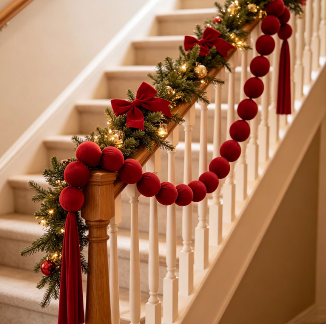 A wooden staircase banister decorated with Christmas evergreen garland, fairy lights, red velvet bows, and a long string of red pom-poms with tassels, making it one of our holiday favorites.
