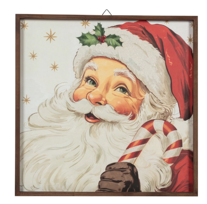 Framed vintage-style portrait of Santa Claus holding a candy cane against a background with gold stars, a Christmas favorite.