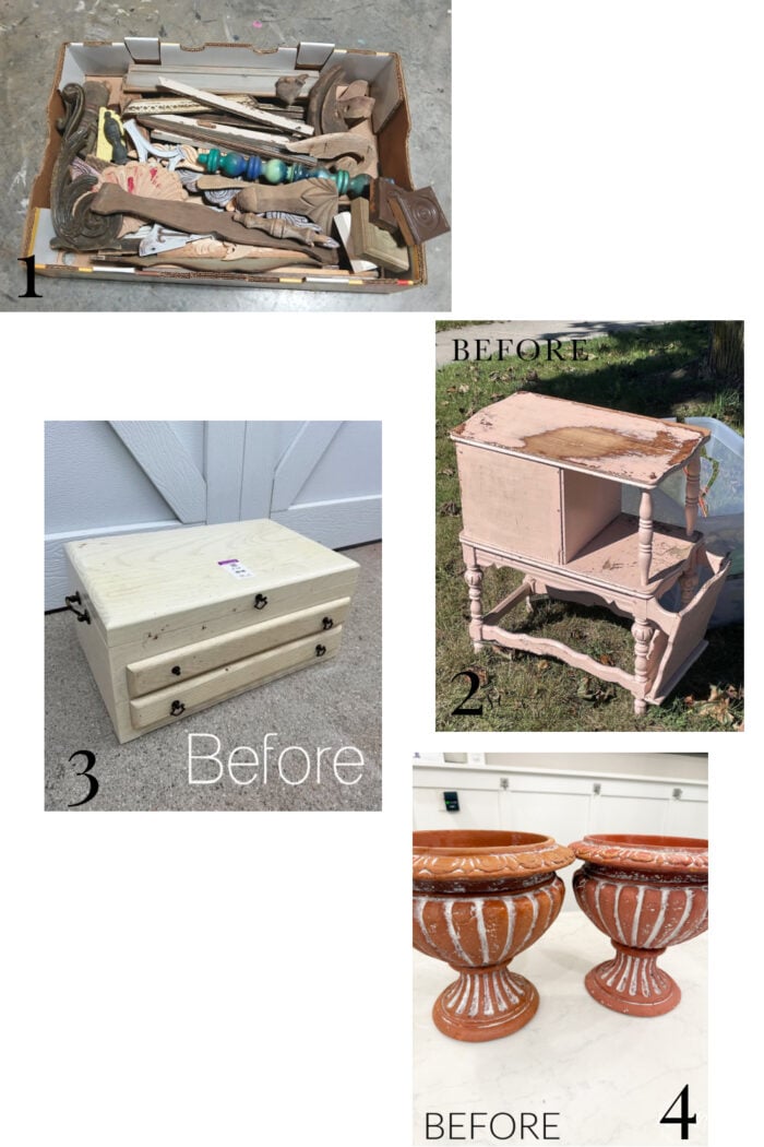 A numbered collage of four items before restoration: a box of wooden furniture parts, a two-tiered pink side table, a light-colored wooden chest, and two terracotta urns, some of which are suitable for DIY concrete planters.
